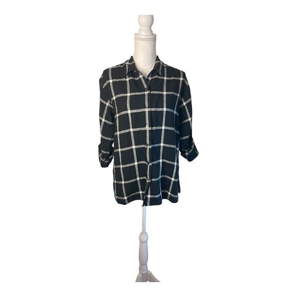 VTG Talbots Womens Plaid Linen Button Down Shirt Sz 10P Black Coastal Classic - Picture 4 of 12